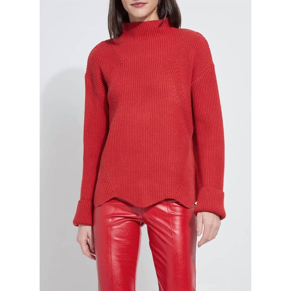 NEW LYSSE women's hyacinth cozy rib scallop edge pullover in extra ordinary red
